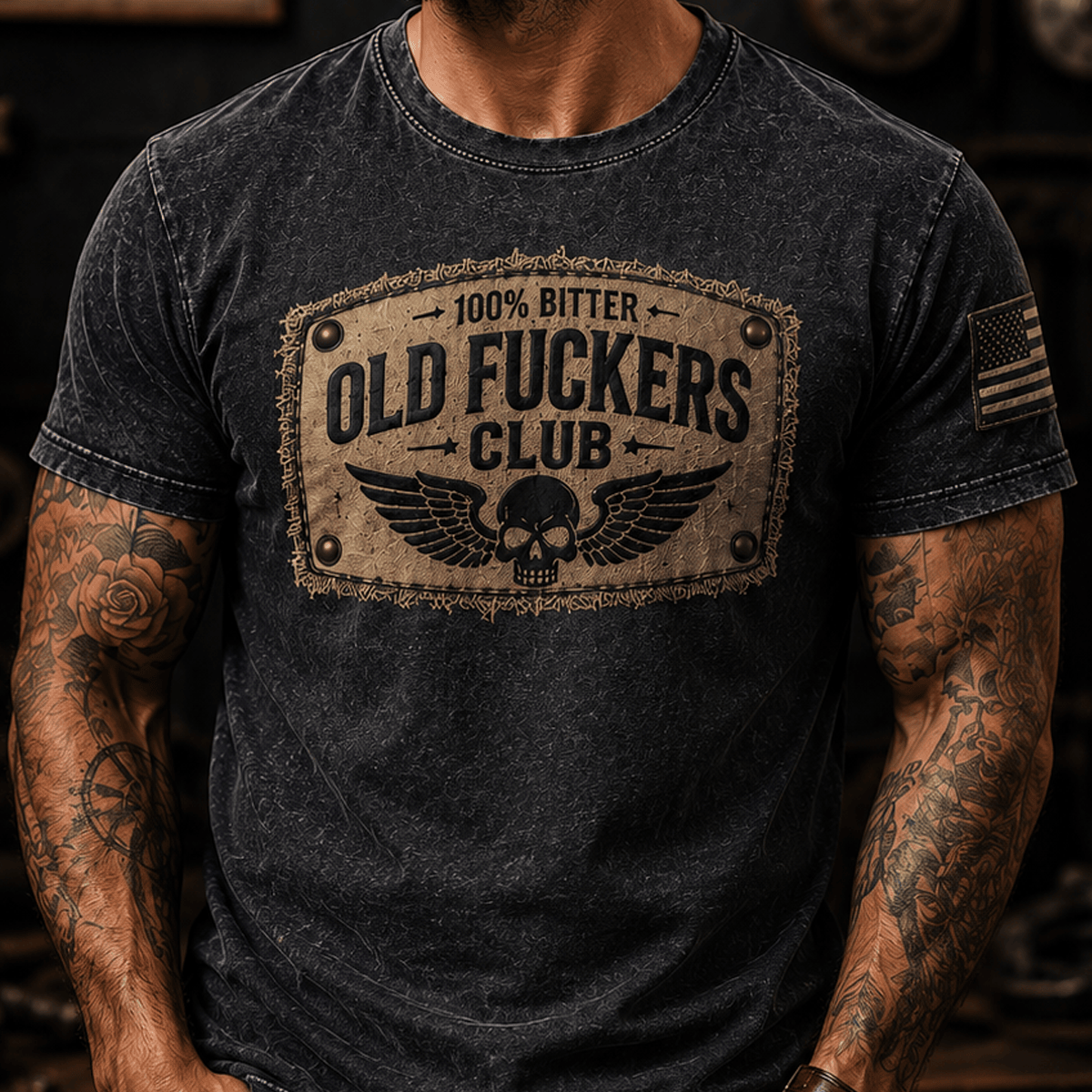 Bitter Old Fuckers Club Printed T-Shirt Skull Wings Graphic Tee Patriotic Shirt Father’s Day Gift for Dad Grandpa Veteran