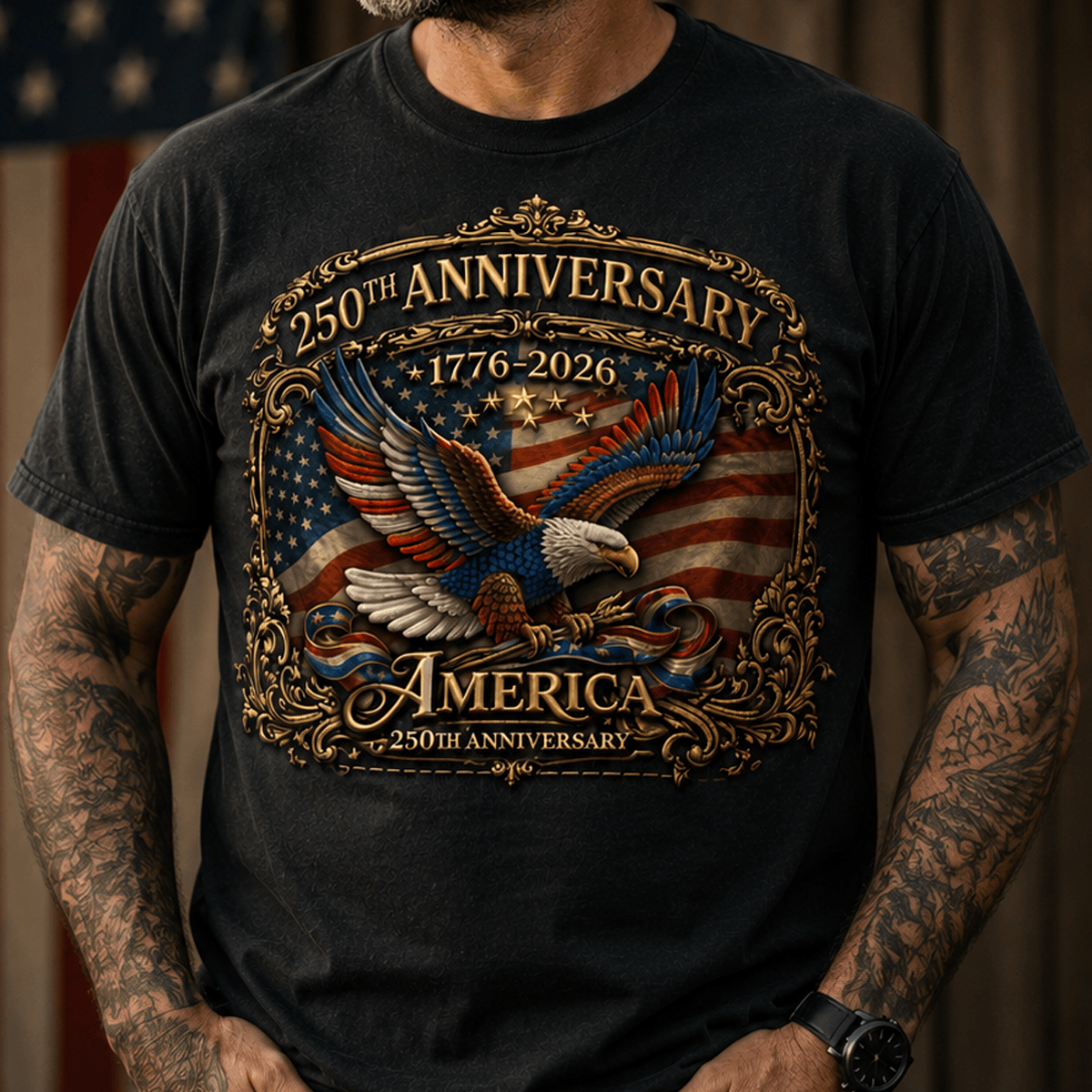 250th Anniversary America 1776-2026 Printed T-Shirt Patriotic Eagle USA Flag Shirt Veteran Gift for Dad Father’s Day Fourth of July