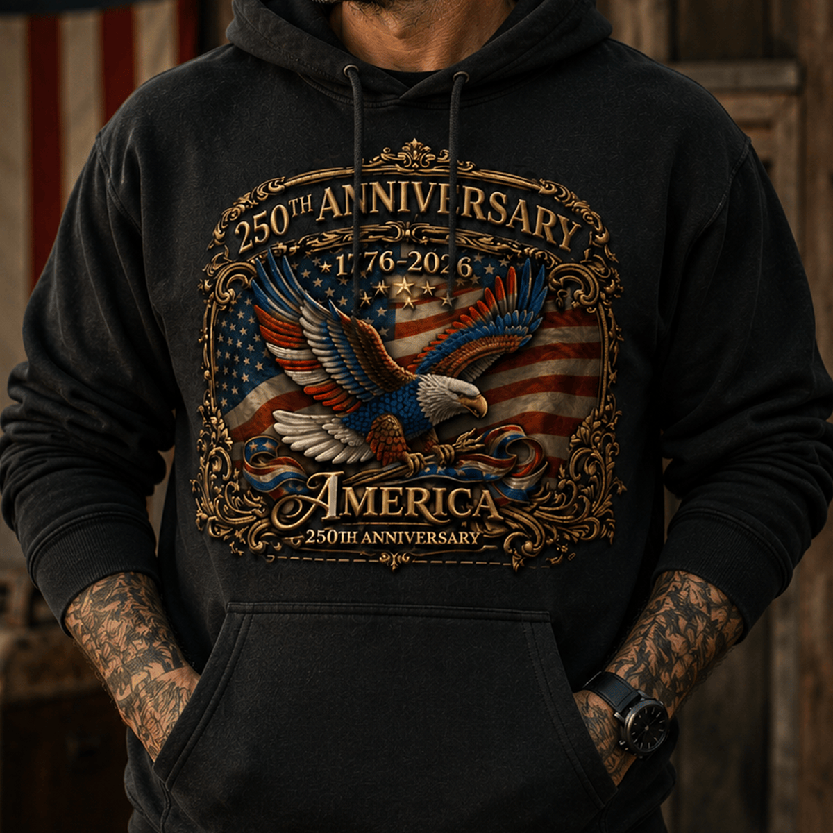 250th Anniversary America 1776-2026 Printed Hoodie Patriotic Eagle USA Flag Sweatshirt Veteran Gift for Dad Father’s Day USA 250th