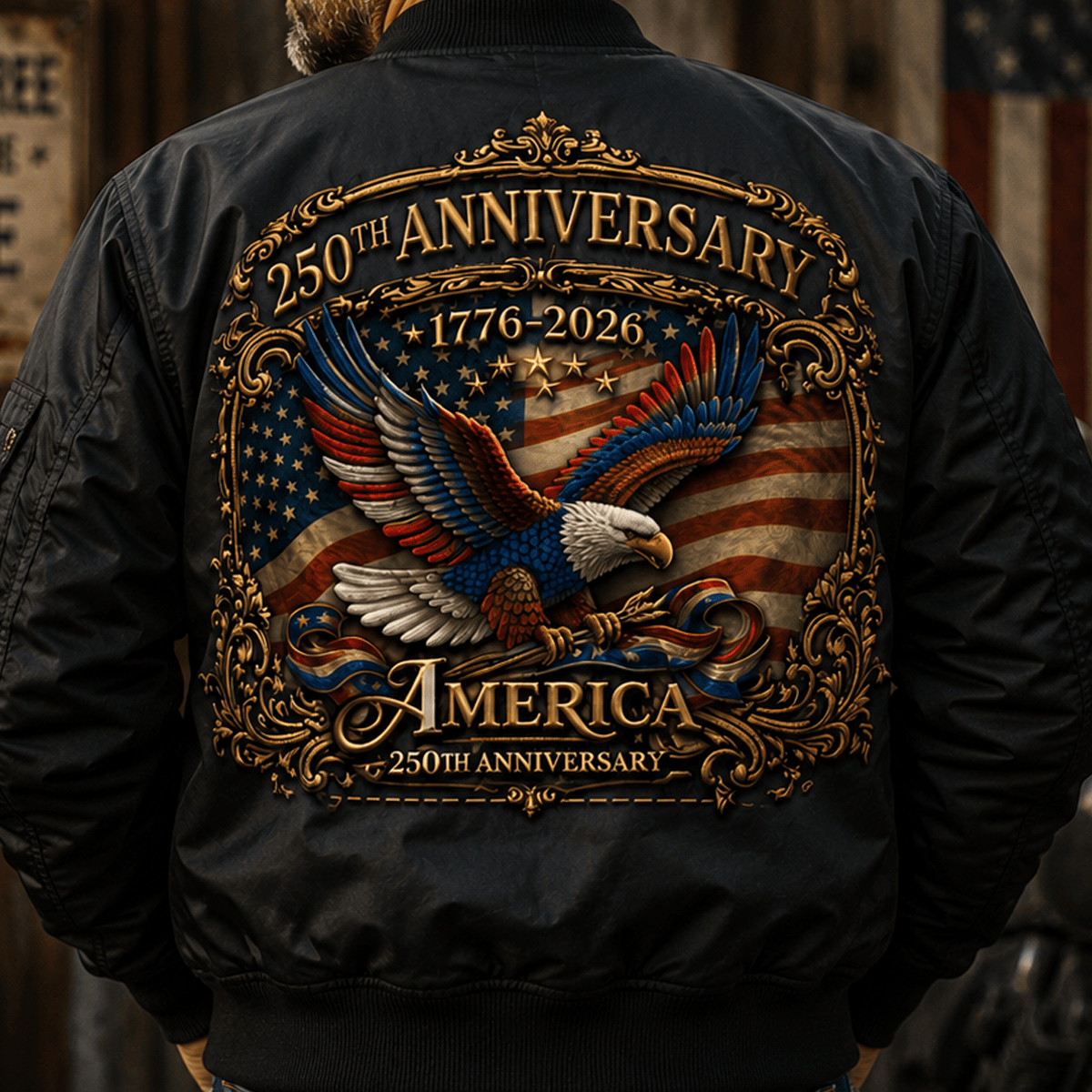 250th Anniversary America 1776-2026 Printed Bomber Jacket Patriotic Eagle USA Flag Veteran Gift for Dad Father’s Day Independence Day