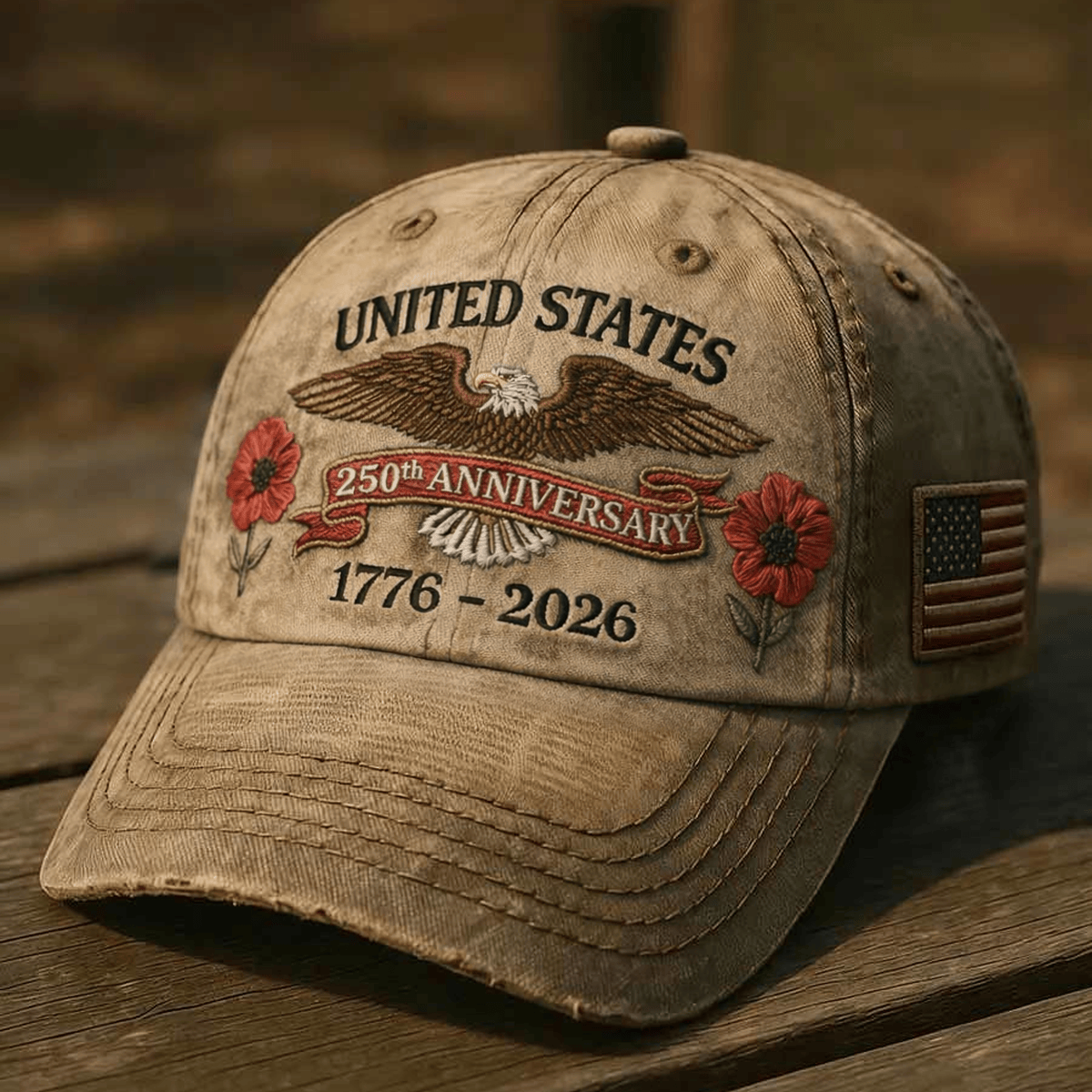 United States 250th Anniversary 1776-2026 Printed Cap Patriotic Eagle Memorial Poppy USA Flag Hat Father’s Day Gift for Dad Veteran