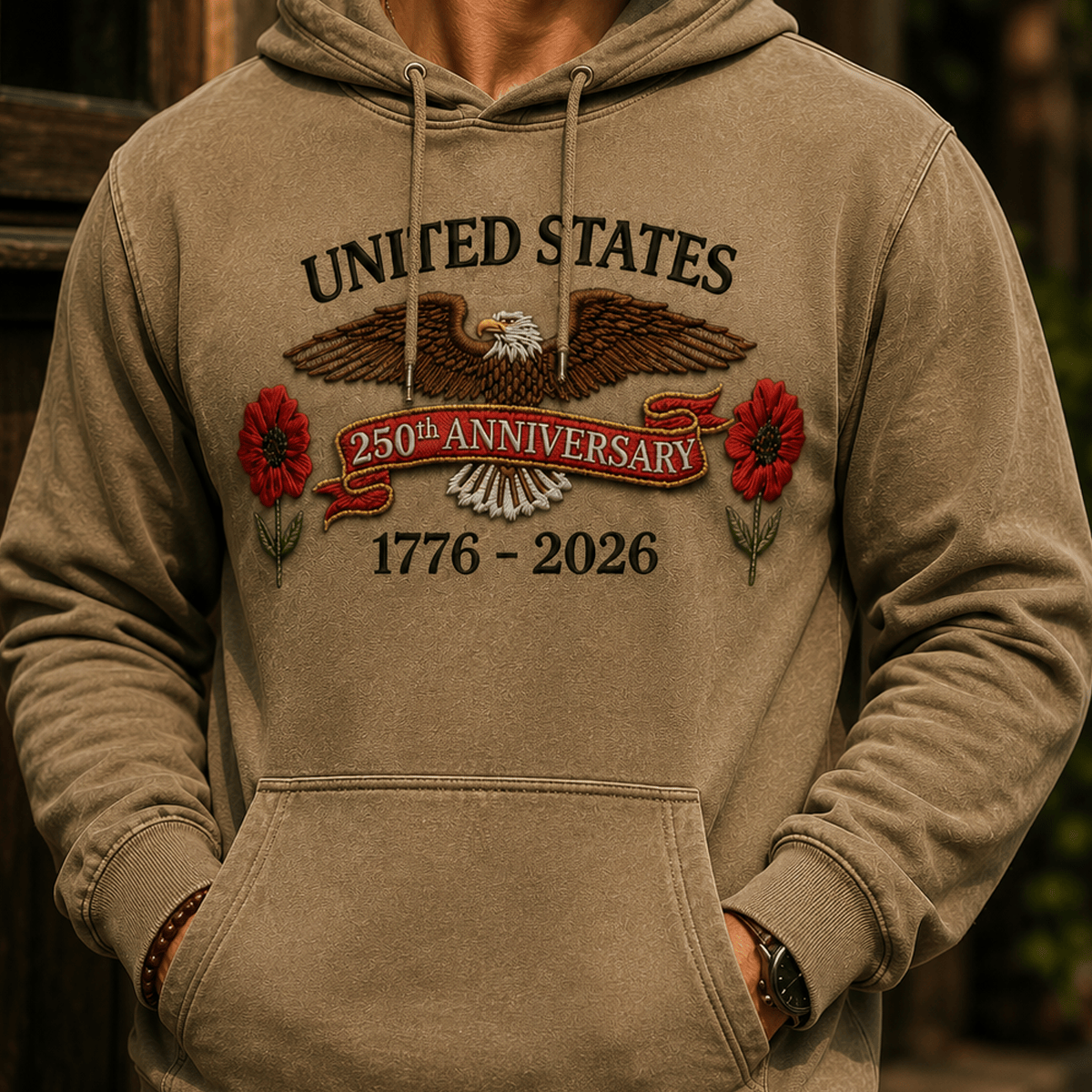 United States 250th Anniversary 1776-2026 Printed Hoodie Patriotic Eagle Memorial Poppy USA Flag Father’s Day Gift for Dad Veteran