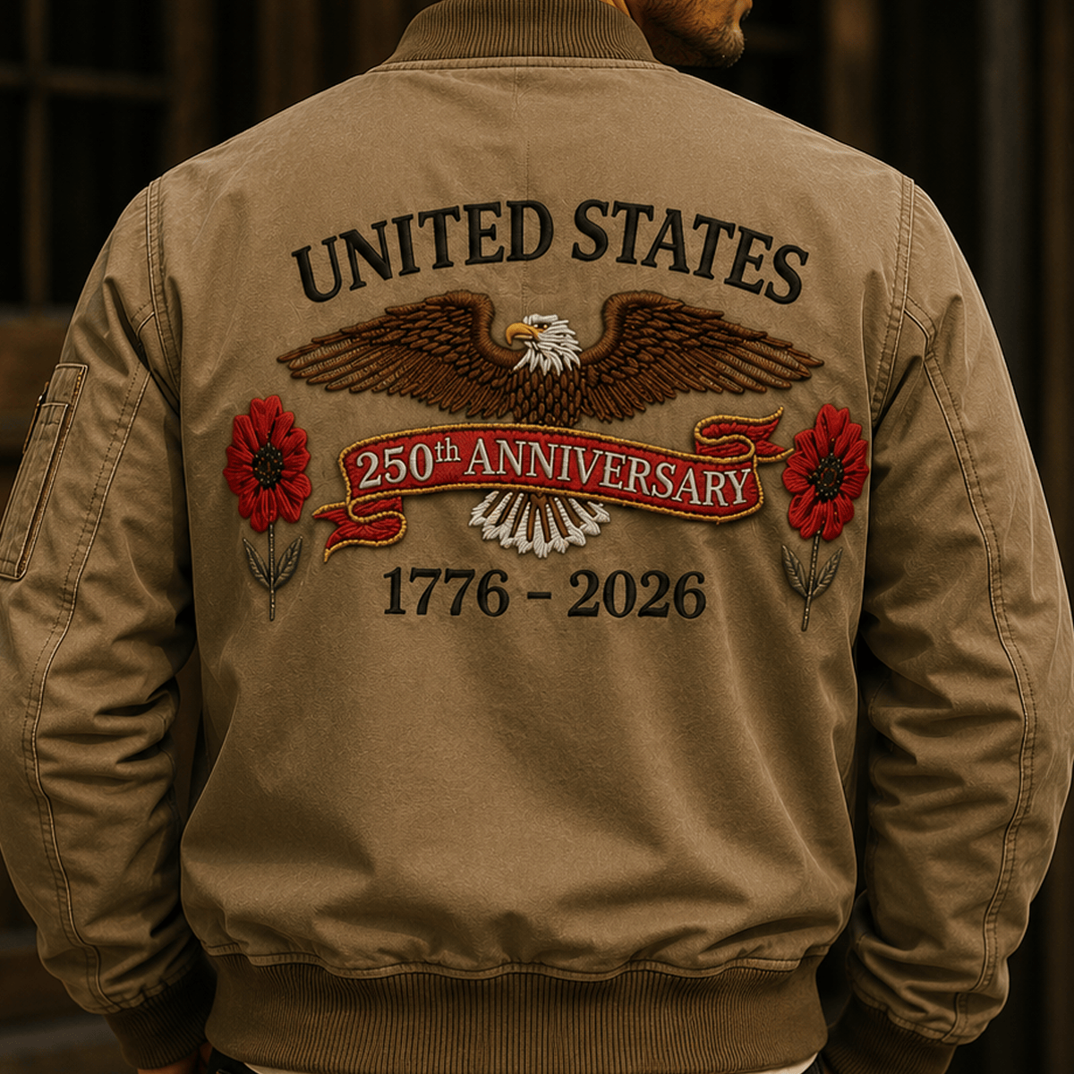 United States 250th Anniversary 1776-2026 Printed Bomber Jacket Patriotic Eagle Memorial Poppy USA Flag Father’s Day Gift for Dad Veteran