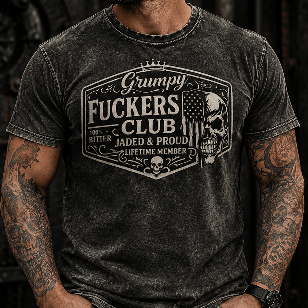 Grumpy Fuckers Club Jaded And Proud Lifetime Member Printed T-Shirt Skull Graphic Tee Funny Grandpa Gift Father’s Day Gift for Dad