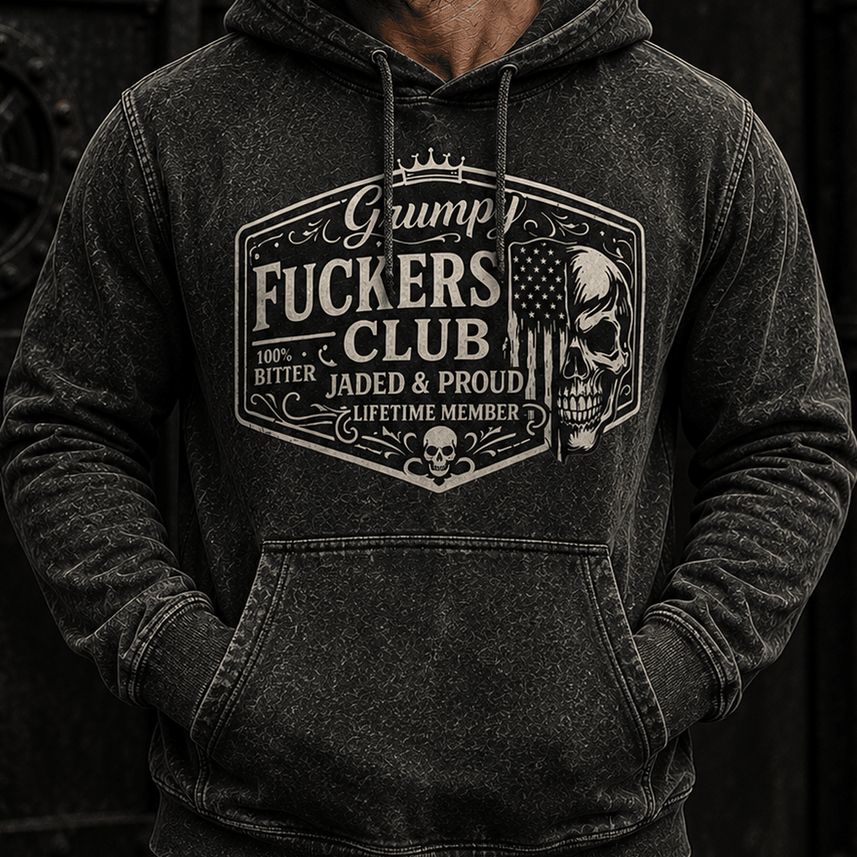 Grumpy Fuckers Club Jaded And Proud Lifetime Member Printed Hoodie Skull Graphic Funny Grandpa Gift Father’s Day Gift for Dad
