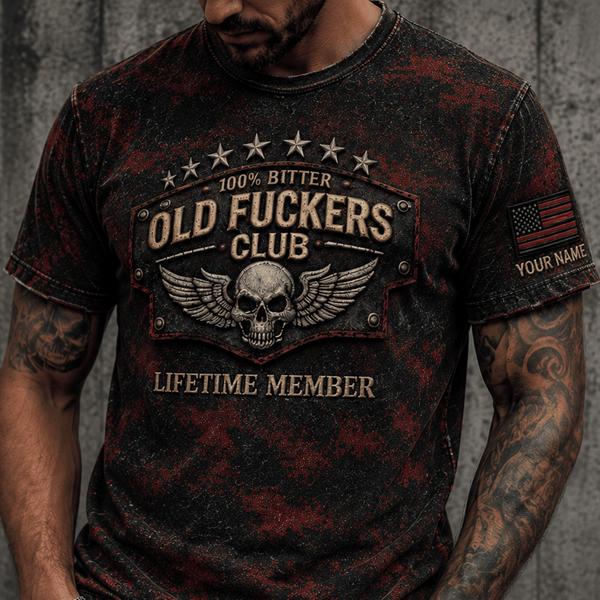 Old Fuckers Club Lifetime Member Printed T-Shirt Personalized USA Flag Skull Graphic Tee Gift For Dad Father’s Day Grandpa