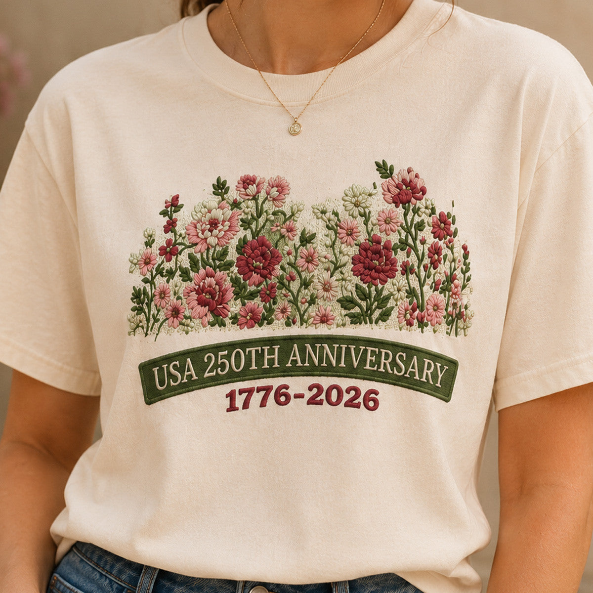 USA 250th Anniversary 1776-2026 Printed Floral T-Shirt Patriotic American Heritage Shirt Mother’s Day Gift For Mom USA