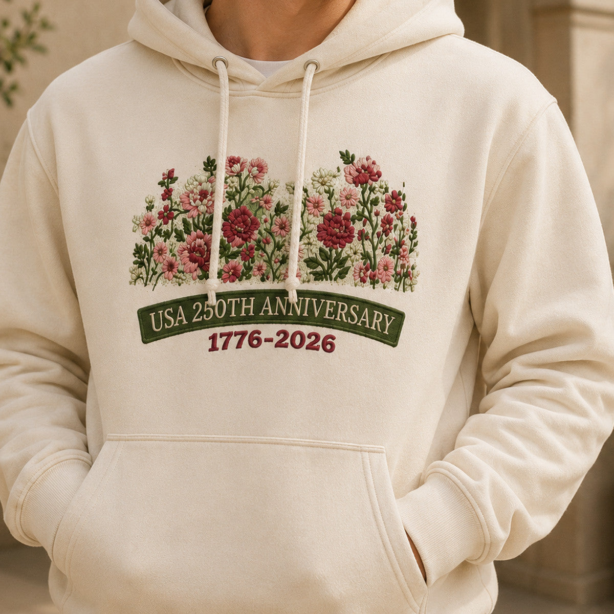 USA 250th Anniversary 1776-2026 Printed Floral Hoodie Patriotic American Heritage Gift For Mom Mother’s Day Independence Day