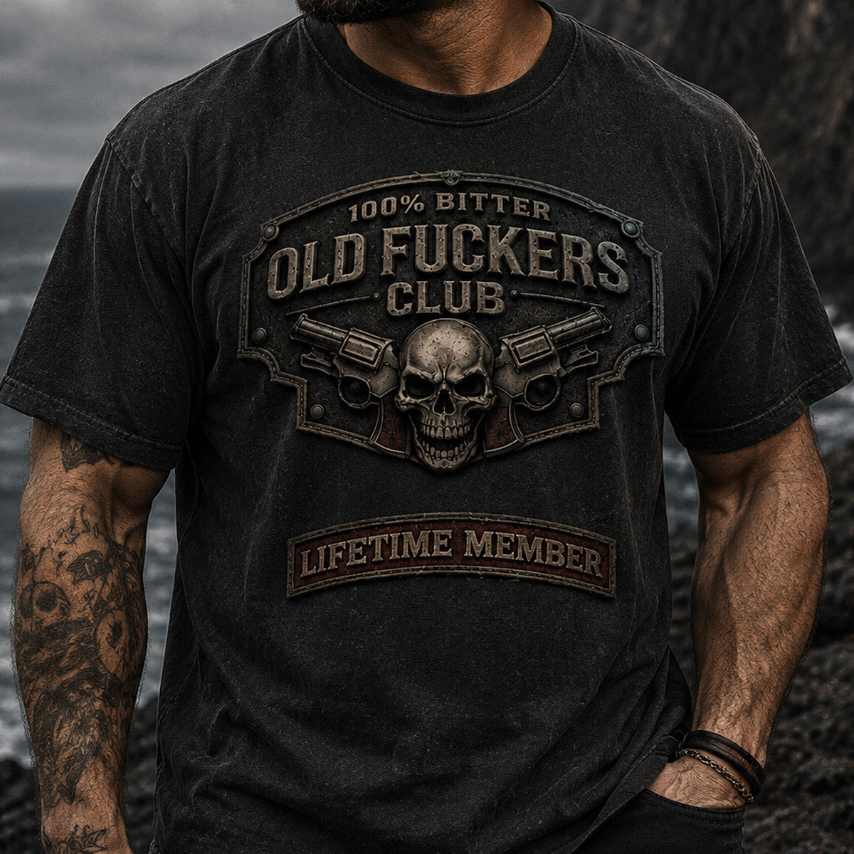 Bitter Old Fuckers Club Lifetime Member Skull Revolver Printed T-Shirt Funny Grandpa Shirt Gift For Dad Father's Day