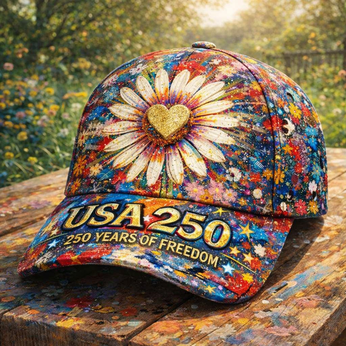 USA 250 250 Years Of Freedom Daisy Heart Printed Cap Patriotic Floral Hat Independence Day Gift For Women Mom Grandma USA 250th Anniversary