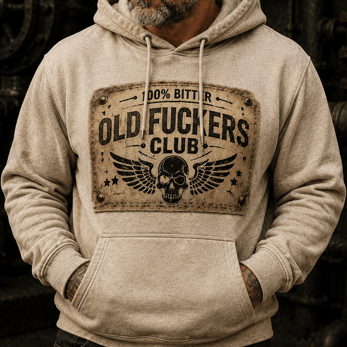 Old Fuckers Club Printed Hoodie Funny Grandpa Gift for Dad Father’s Day Retirement Gift Vintage Skull Graphic Hooded Top