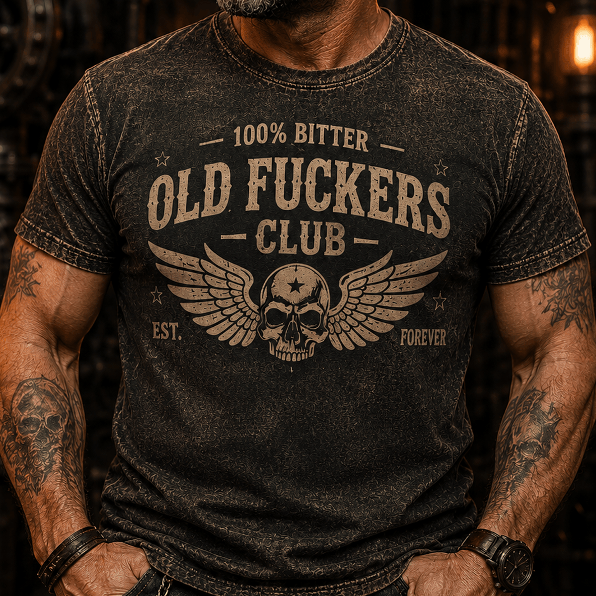Old Fuckers Club Printed T-Shirt Funny Grandpa Shirt Gift for Dad Father’s Day Retirement Gift Vintage Skull Graphic Tee