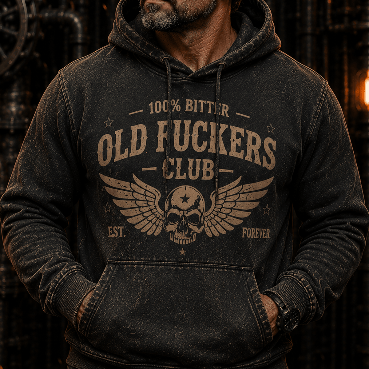 Old Fuckers Club Printed Hoodie Funny Grandpa Gift for Dad Father’s Day Retirement Gift Vintage Skull Graphic Hooded Top
