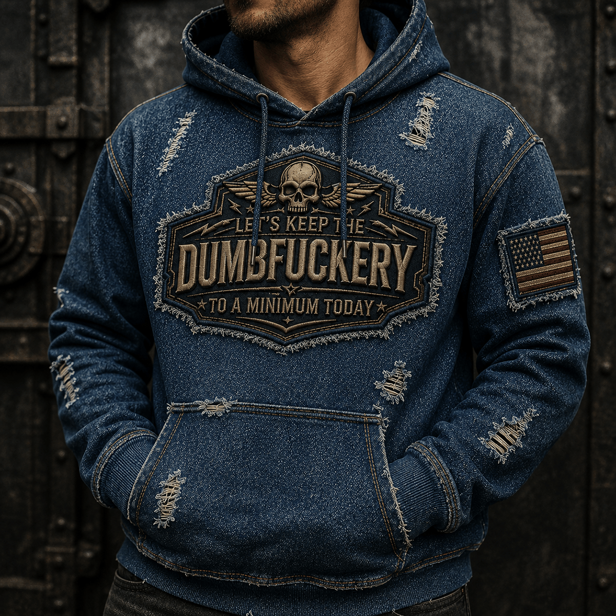 Let's Keep The Dumbfuckery To A Minimum Today Printed Hoodie Funny Veteran Skull American Flag Father's Day Gift for Dad Grandpa