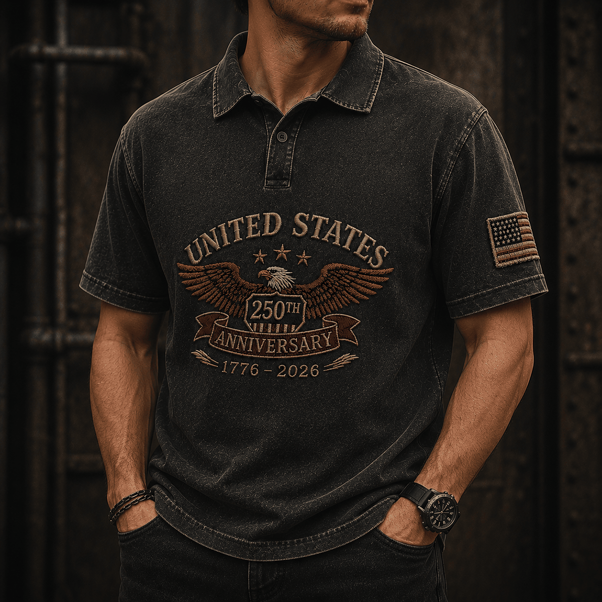 United States 250th Anniversary 1776-2026 Printed Polo Shirt Patriotic Eagle USA Flag Father's Day Gift for Dad America 250 Years