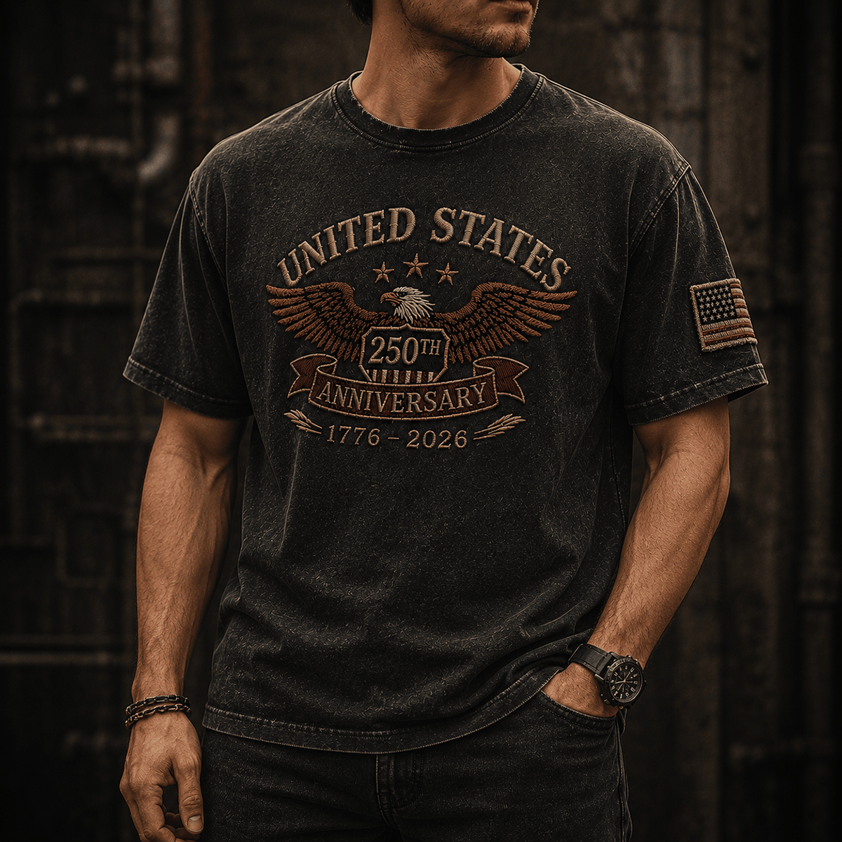 United States 250th Anniversary 1776-2026 Printed T Shirt Patriotic Eagle USA Flag Father's Day Gift for Dad America 250 Years
