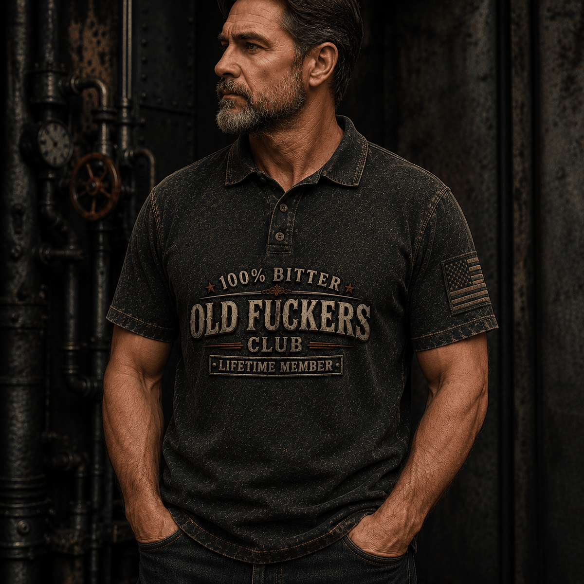 Bitter Old Fuckers Club Lifetime Member Printed Polo Shirt Funny Dad Gift for Grandpa Father’s Day Patriotic Veteran USA Flag