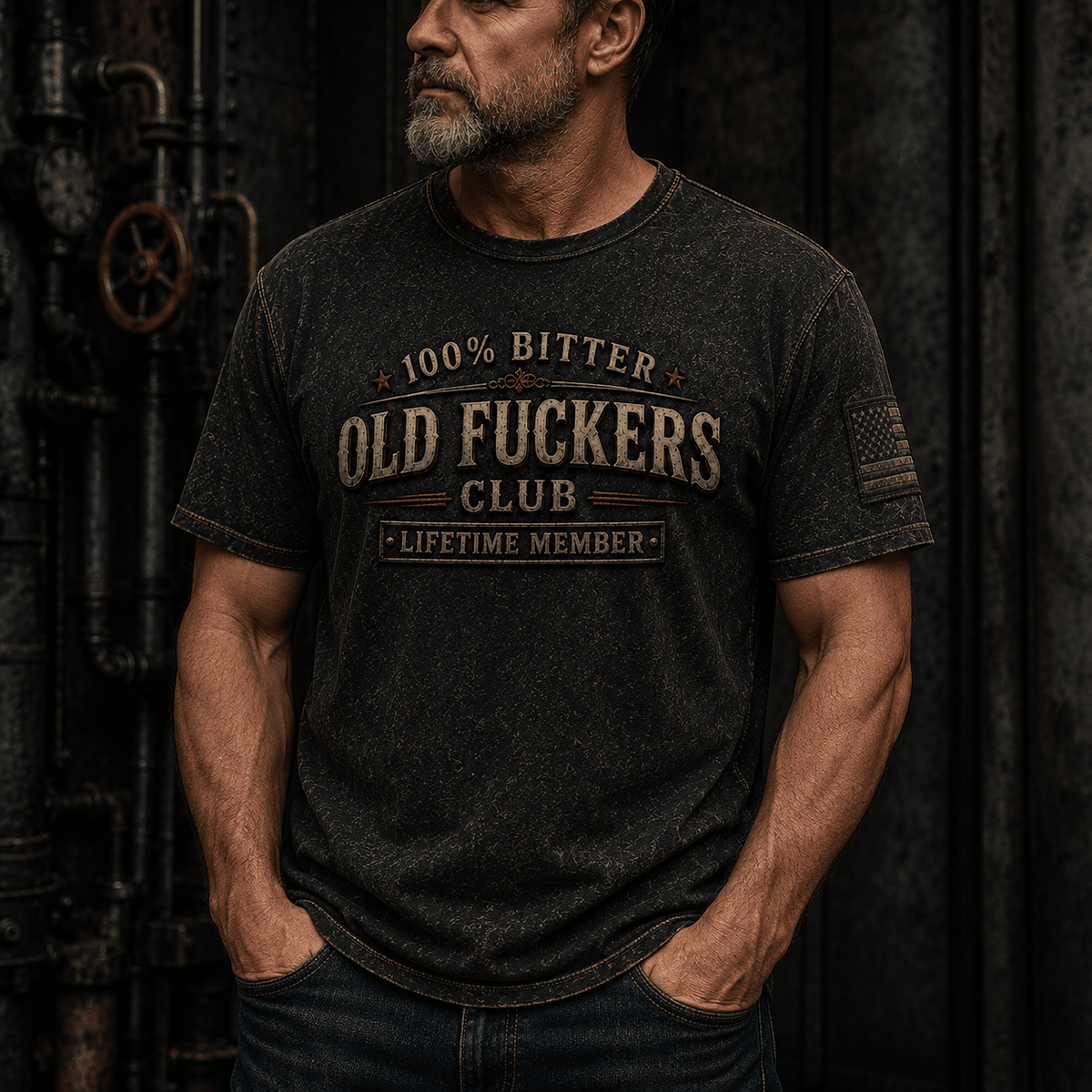 Bitter Old Fuckers Club Lifetime Member Printed T-Shirt Funny Dad Gift for Grandpa Father’s Day Patriotic Veteran USA Flag
