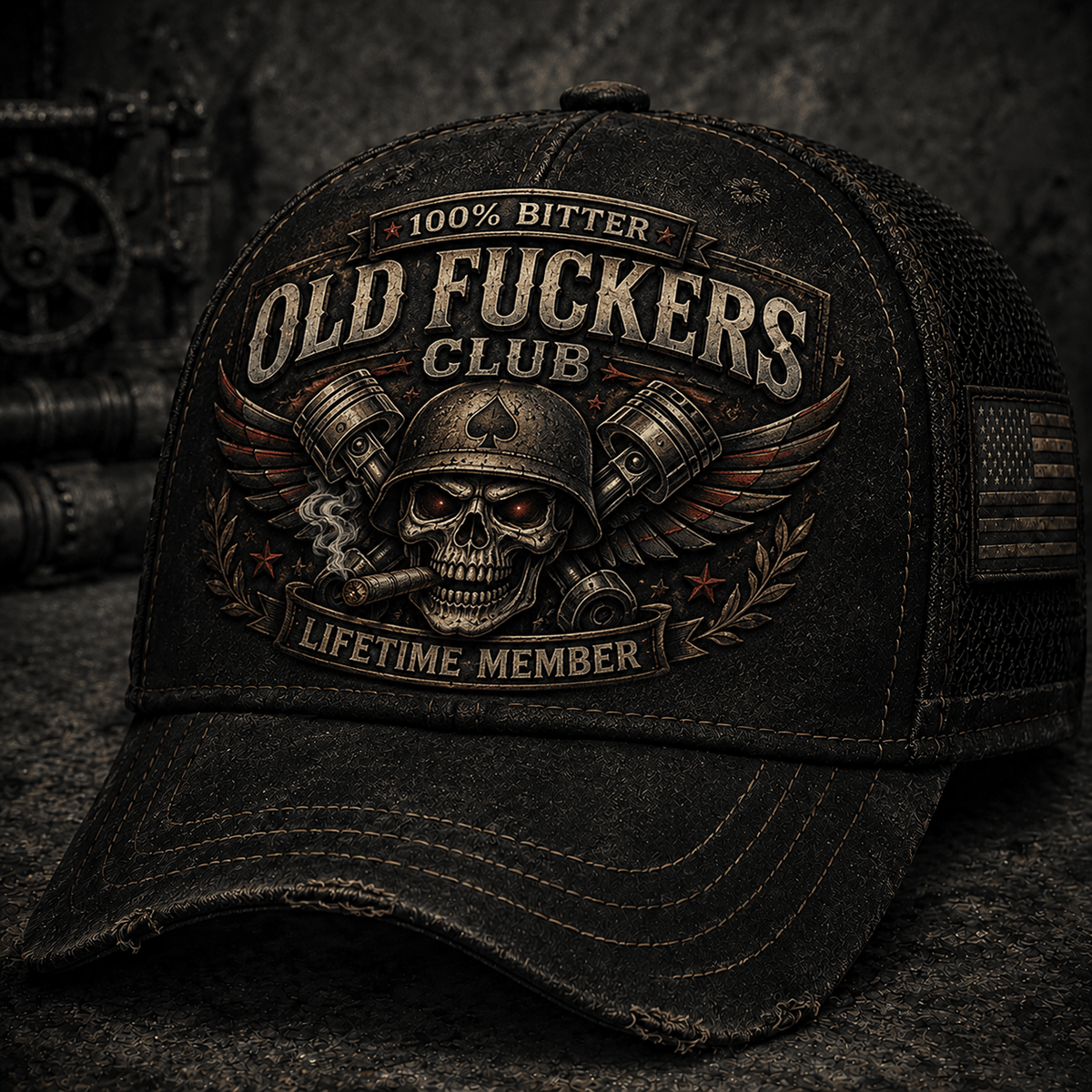 Old Fuckers Club Lifetime Member Printed Cap Skull Veteran Trucker Hat Patriotic USA Flag Dad Gift Father’s Day Grandpa Gift