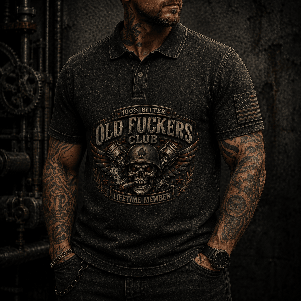 Old Fuckers Club Lifetime Member Printed Polo Shirt Skull Veteran Dad Gift Patriotic USA Flag Father’s Day Grandpa Gift