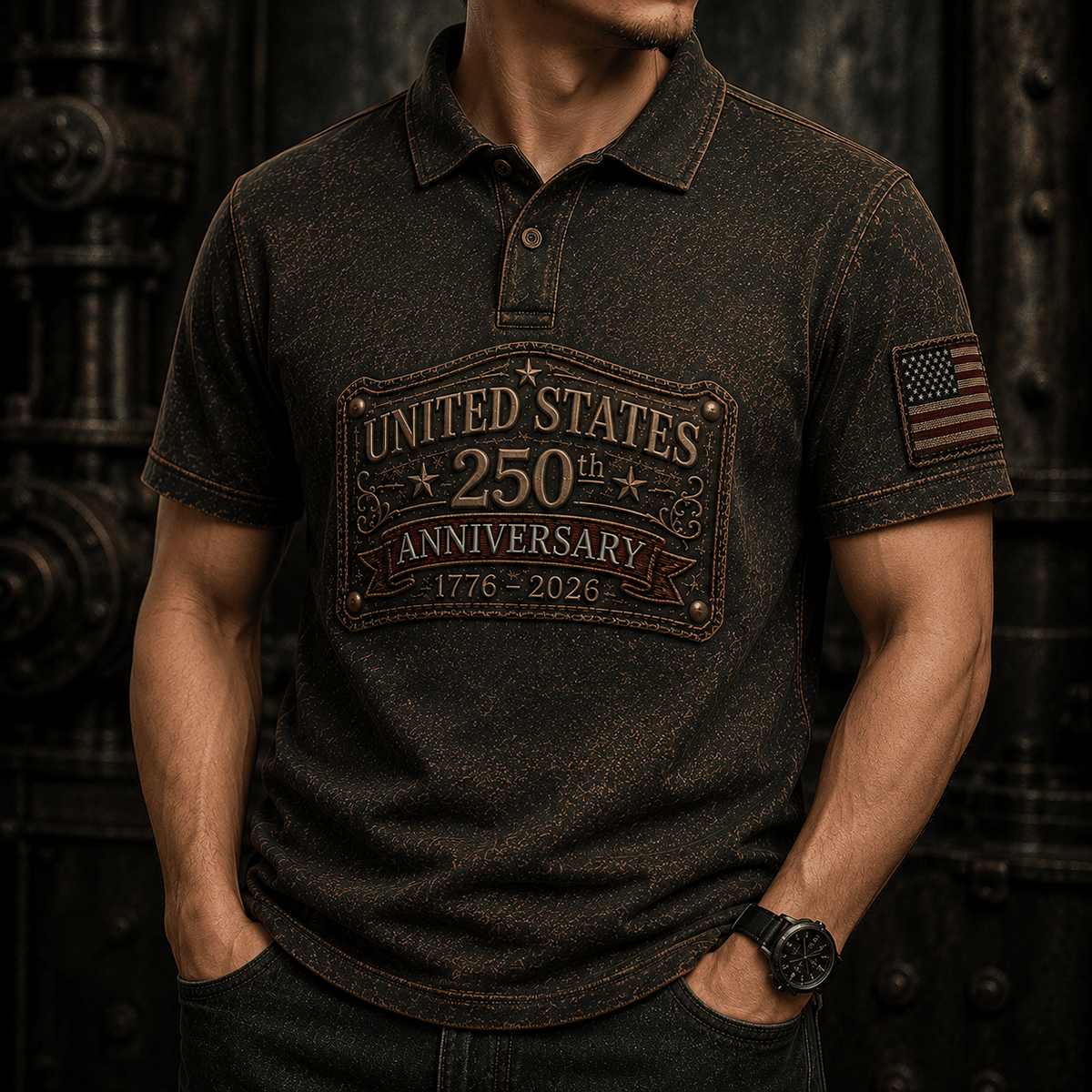 United States 250th Anniversary 1776-2026 Printed Polo Shirt Patriotic USA Flag Gift for Dad Father’s Day Veteran America 250