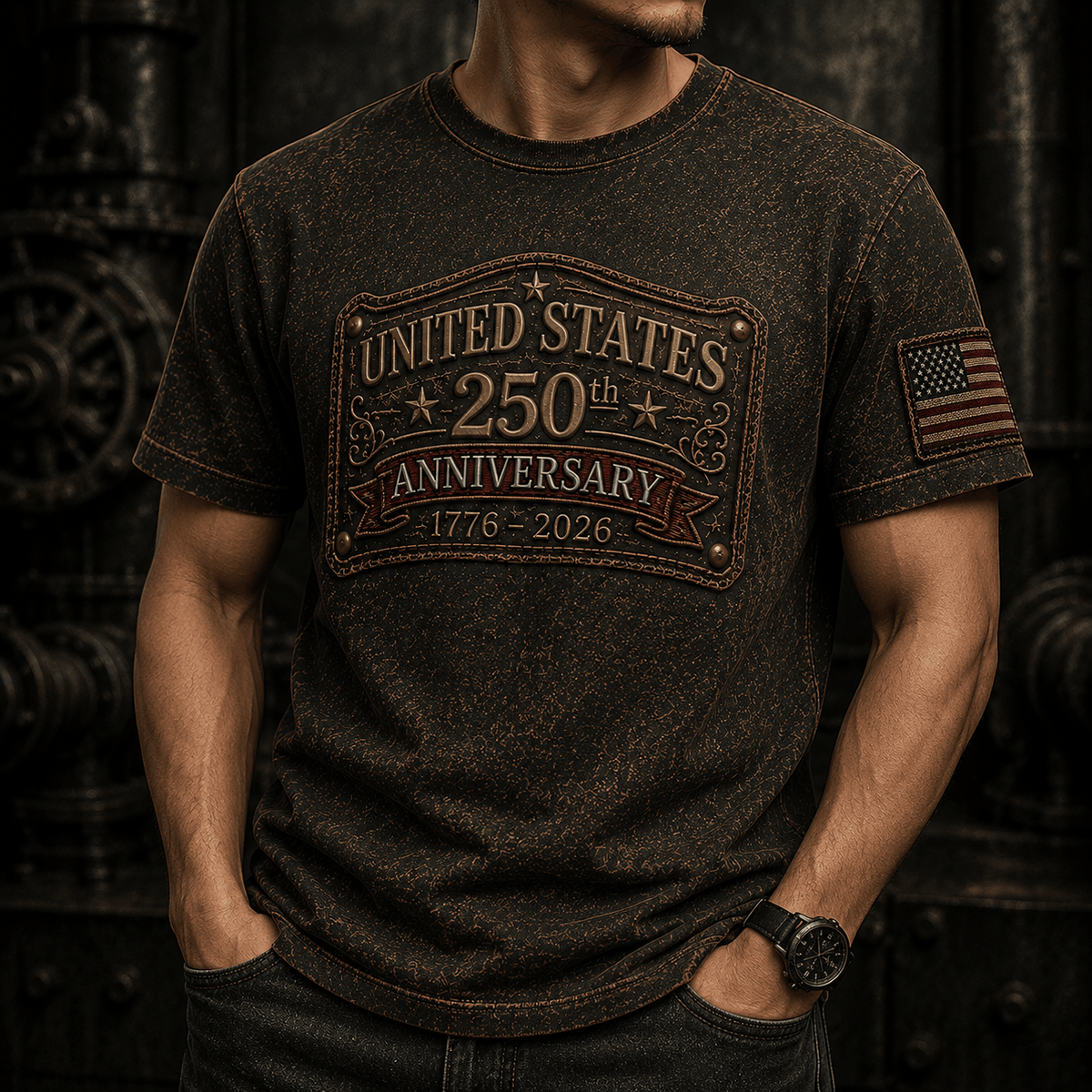 United States 250th Anniversary 1776-2026 Printed T-Shirt Patriotic USA Flag Gift for Dad Father’s Day Veteran Independence Day