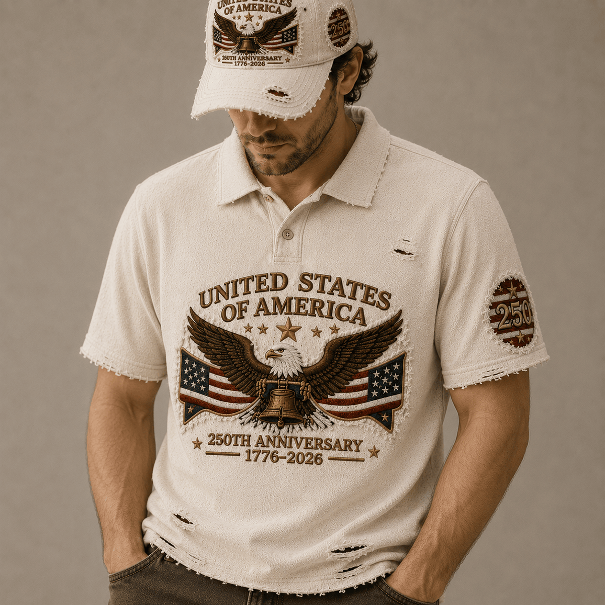 United States of America 250th Anniversary 1776-2026 Printed Polo Shirt Patriotic Eagle USA Flag America 250 Gift for Dad