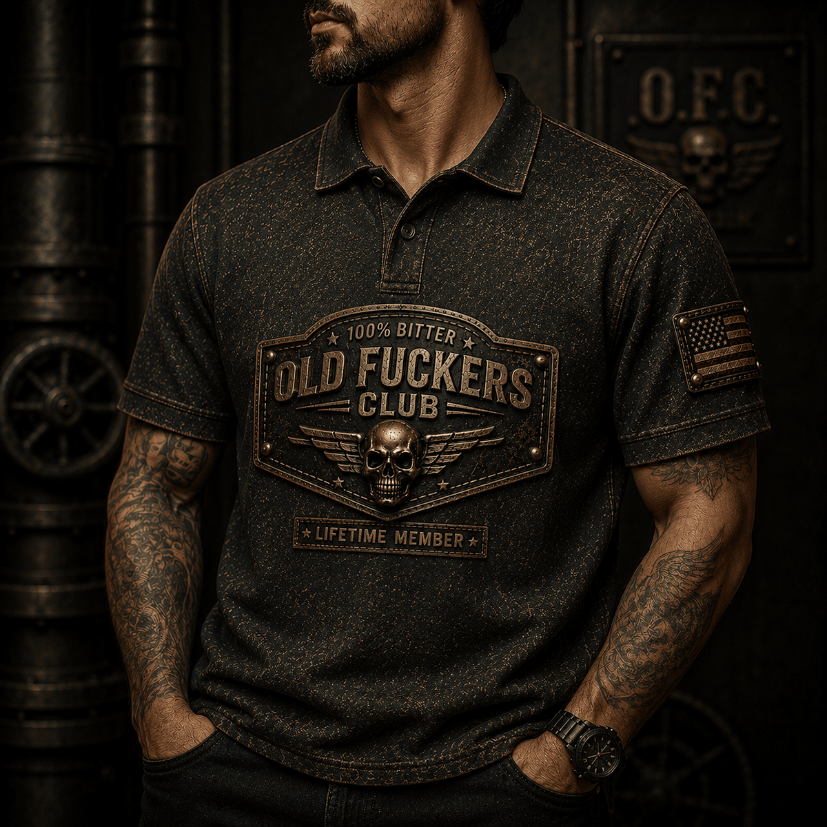 Old Fuckers Club Lifetime Member Printed Polo Shirt Skull Patriotic USA Flag Gift for Dad Grandpa Father’s Day Veteran