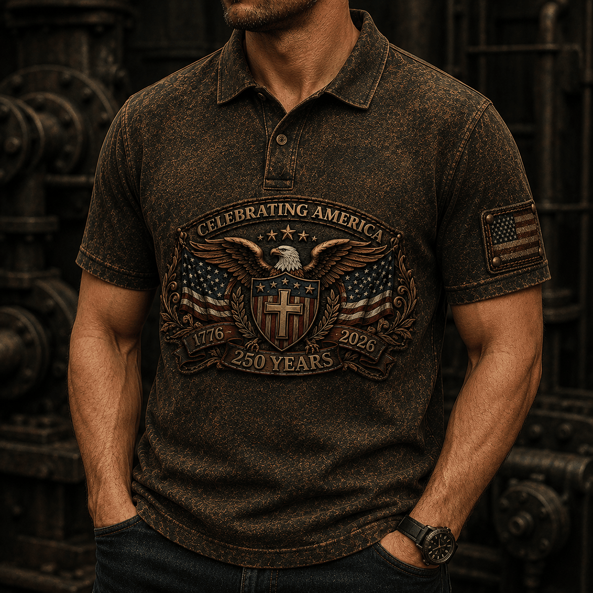 Celebrating America 250 Years Printed Polo Shirt Christian Eagle Cross USA Flag Patriotic Veteran Gift for Dad Father’s Day 2026