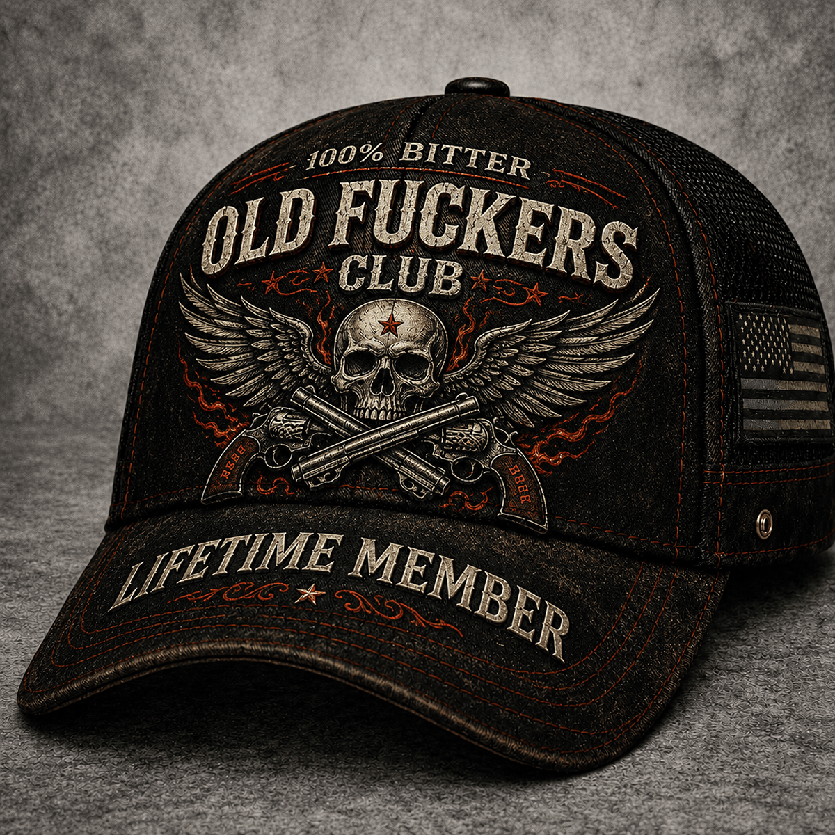 Old Fuckers Club Lifetime Member Printed Cap Bitter Skull Wings Hat for Dad Grandpa Father’s Day Gift Patriotic Trucker Cap