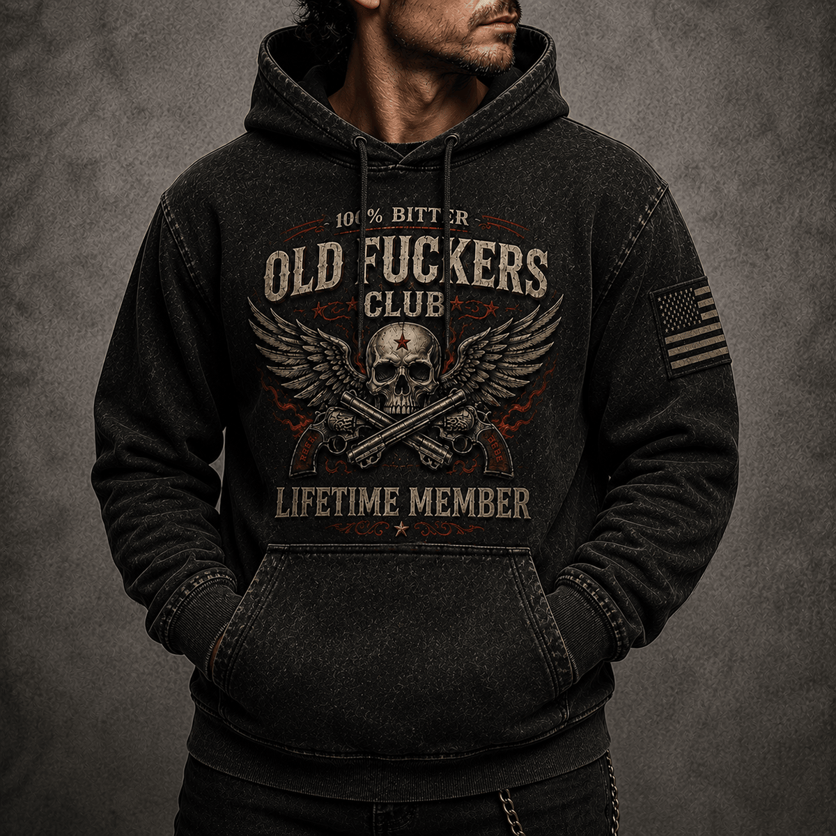 Old Fuckers Club Lifetime Member Printed Hoodie Bitter Skull Wings Graphic Hoodie for Men Father’s Day Gift Dad Grandpa