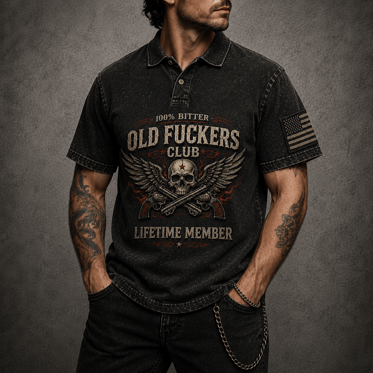 Old Fuckers Club Lifetime Member Printed Polo Shirt Bitter Skull Wings Patriotic Polo for Men Father’s Day Gift Dad Grandpa