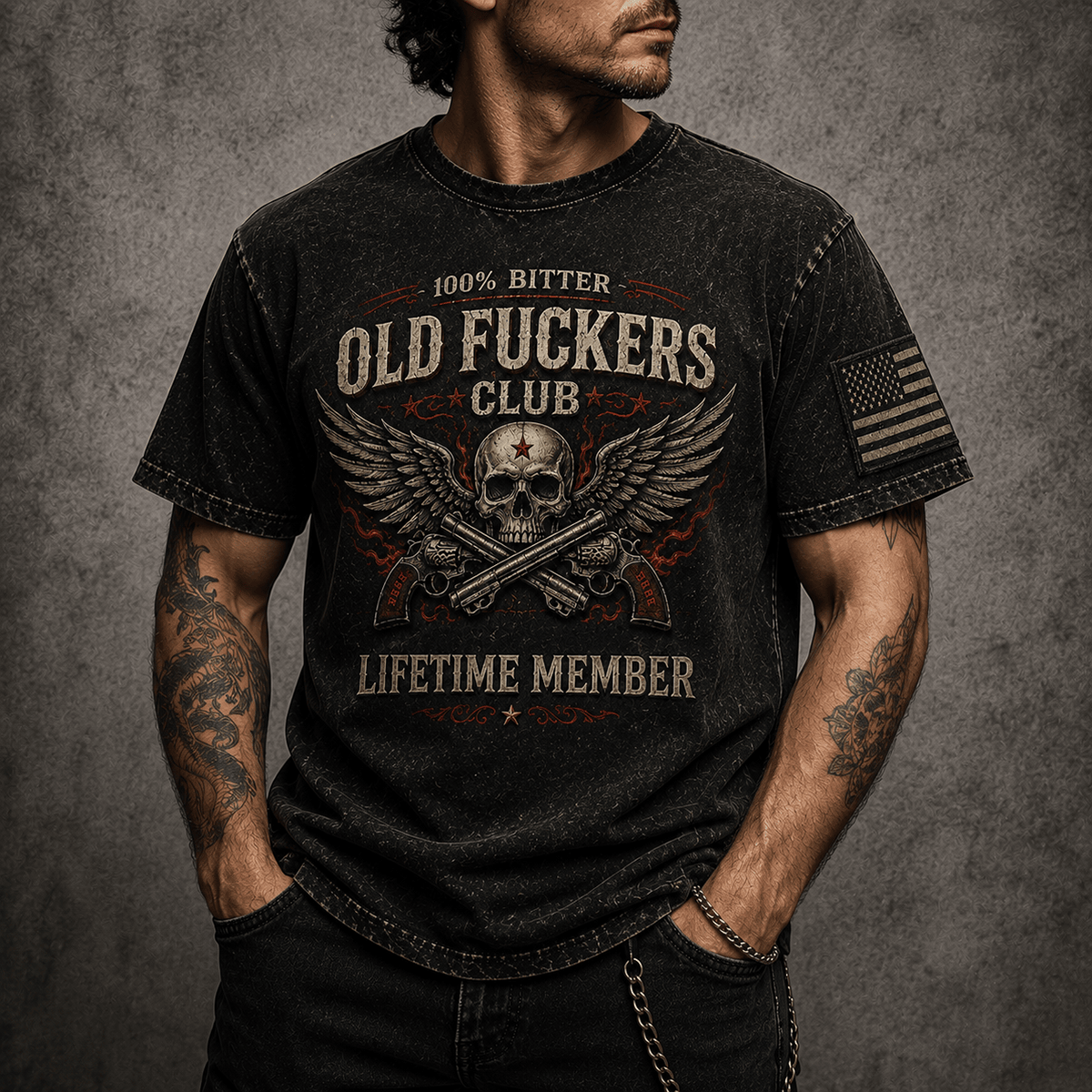 Old Fuckers Club Lifetime Member Printed T-Shirt Bitter Skull Wings Graphic Tee for Men Father’s Day Gift Dad Grandpa Patriotic