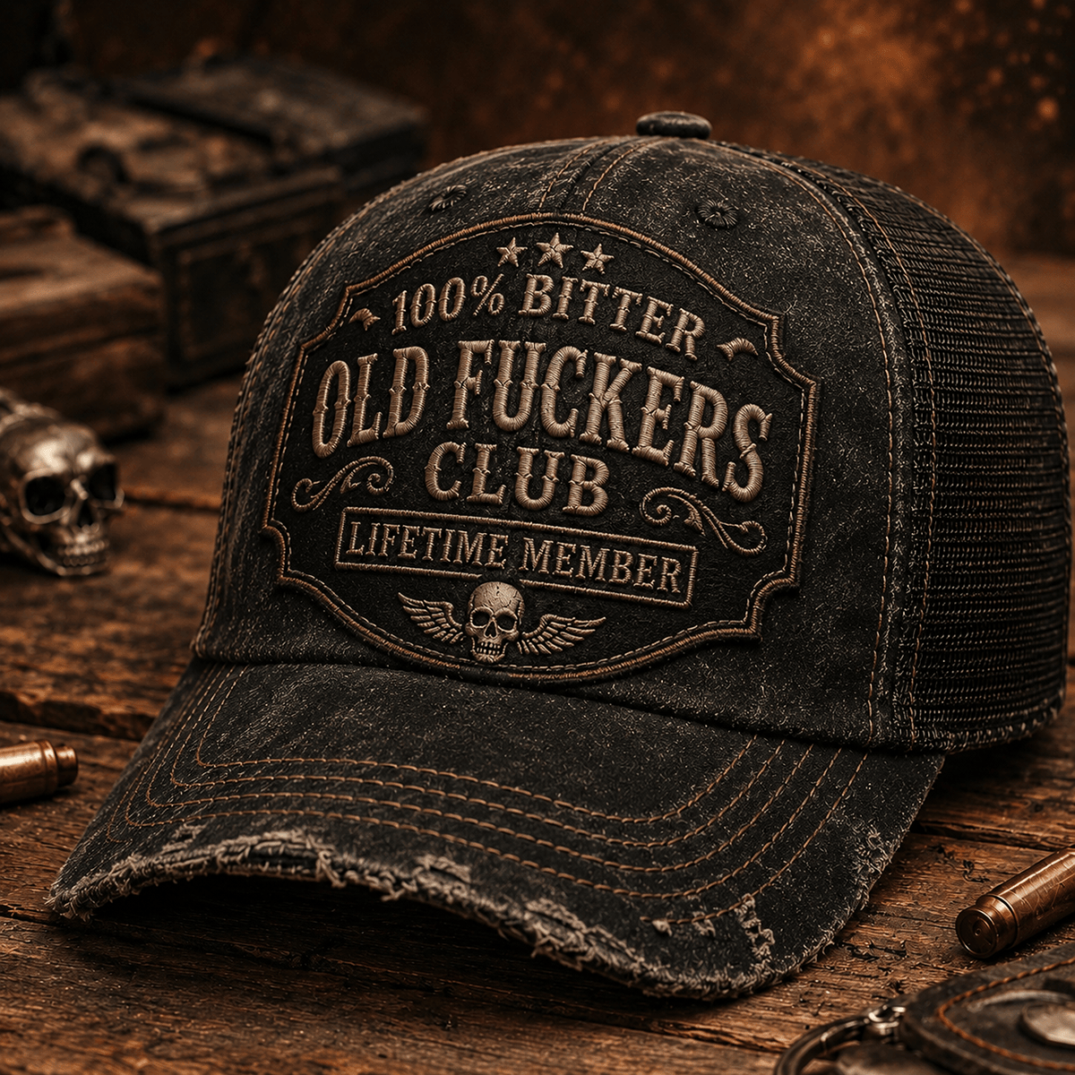 Old Fuckers Club Lifetime Member Printed Cap Vintage Trucker Hat for Dad Grandpa Father’s Day Gift Biker Skull Patriotic Cap