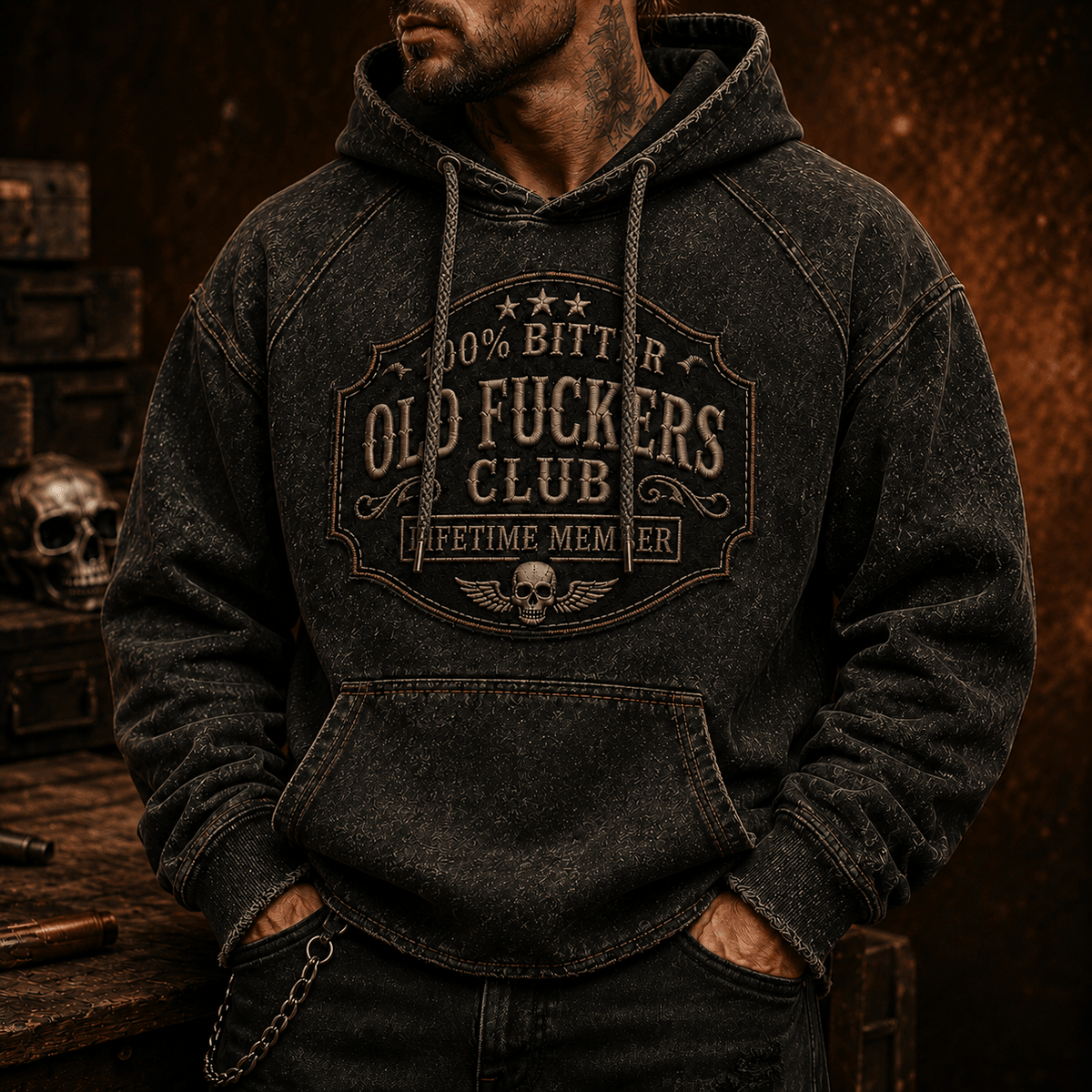 Old Fuckers Club Lifetime Member Printed Hoodie Vintage Skull Graphic Hoodie for Men Dad Grandpa Father’s Day Gift Biker Style