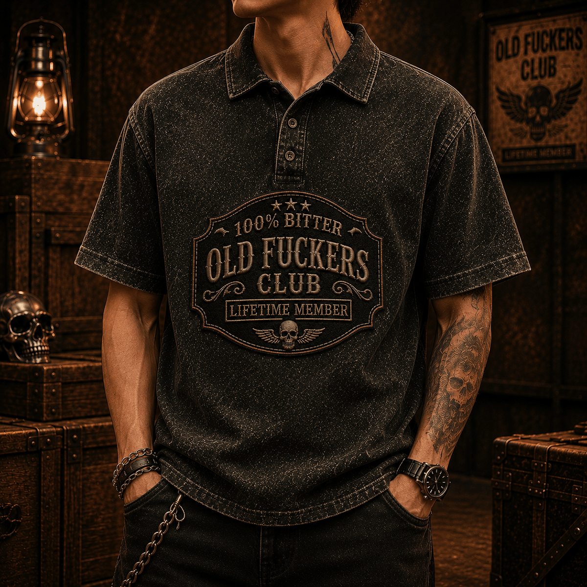 Old Fuckers Club Lifetime Member Printed Polo Shirt Vintage Skull Graphic Polo for Dad Grandpa Father’s Day Gift Biker Apparel