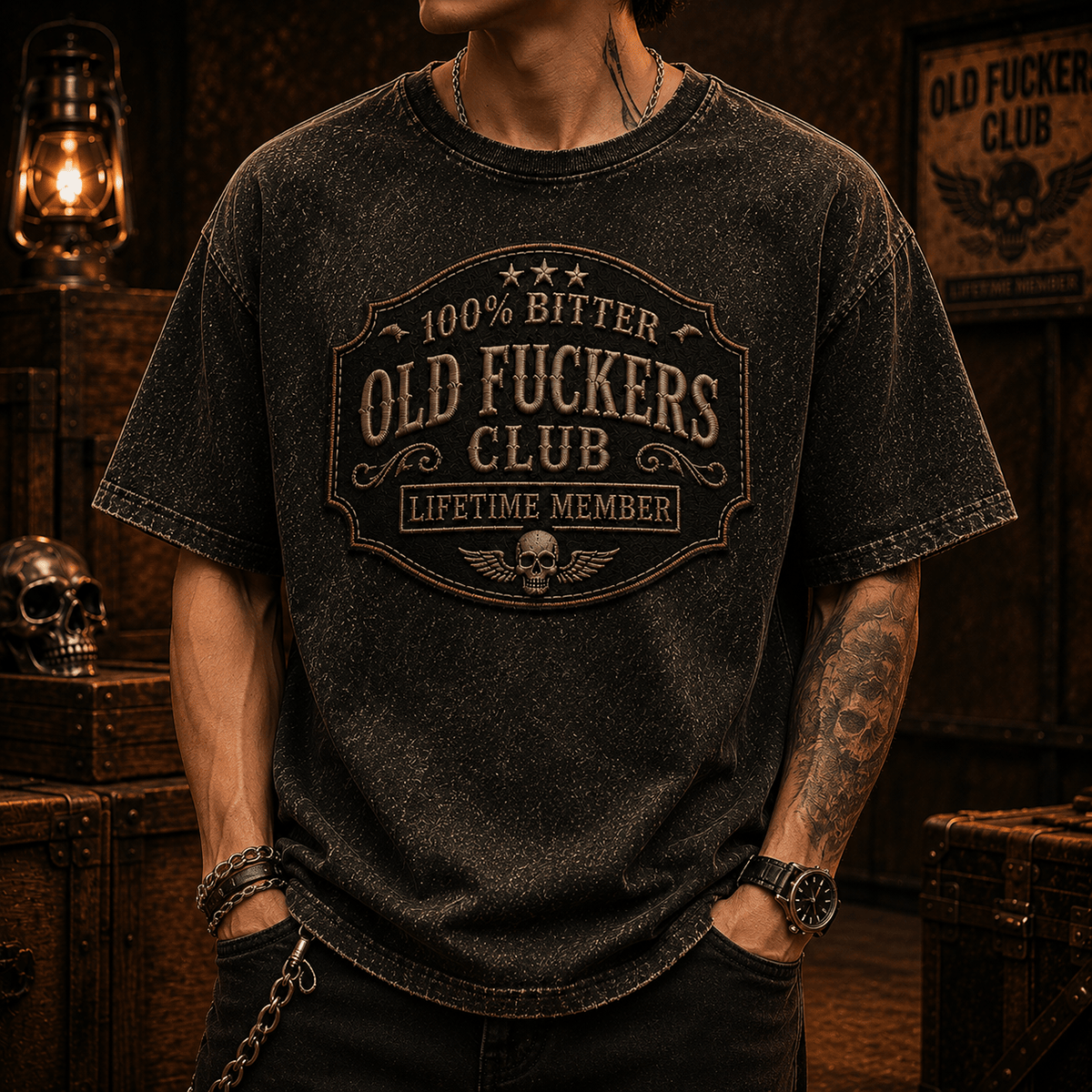 Old Fuckers Club Lifetime Member Printed T-Shirt Vintage Skull Graphic Tee for Men Dad Grandpa Father’s Day Gift Biker Apparel