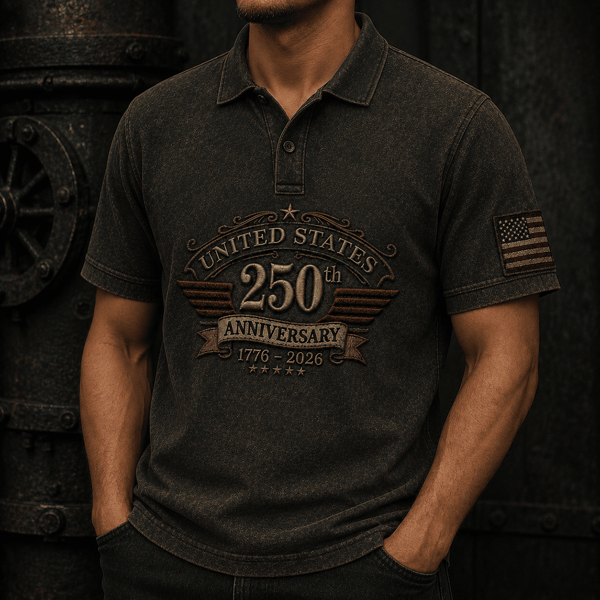 United States 250th Anniversary 1776–2026 Printed Polo Shirt Patriotic USA Flag Polo Independence Day Gift for Dad Veteran