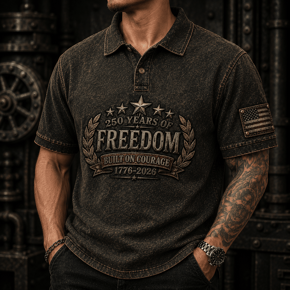 250 Years of Freedom Built On Courage 1776–2026 Printed Polo Shirt Patriotic USA Flag Polo Father’s Day Gift Veteran Dad