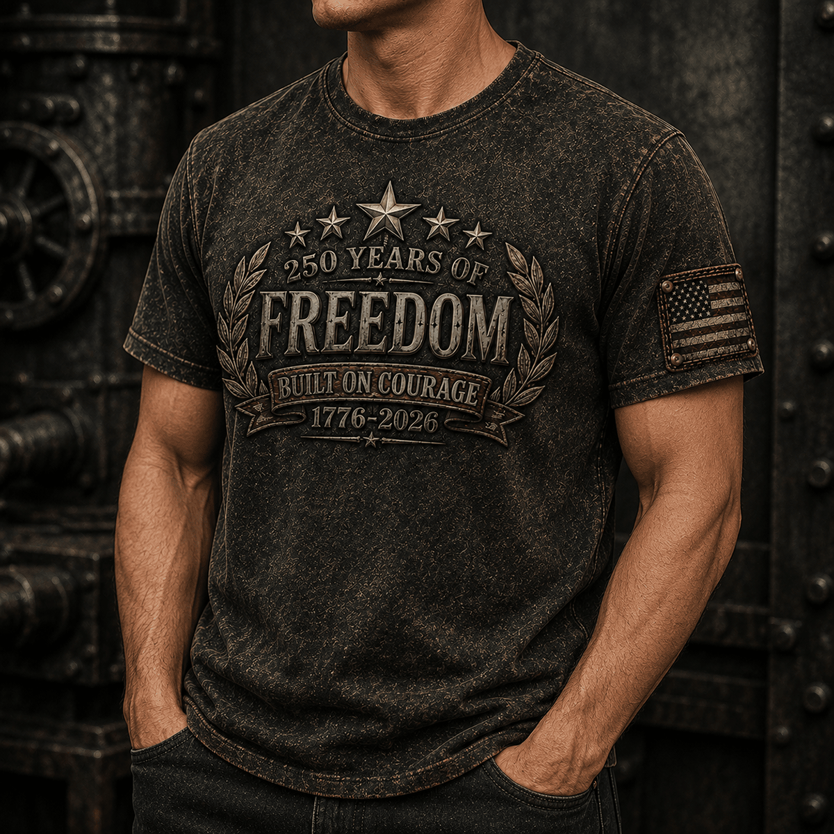 250 Years of Freedom Built On Courage 1776–2026 Printed T-Shirt Patriotic USA Flag Graphic Tee Father’s Day Gift Dad Grandpa
