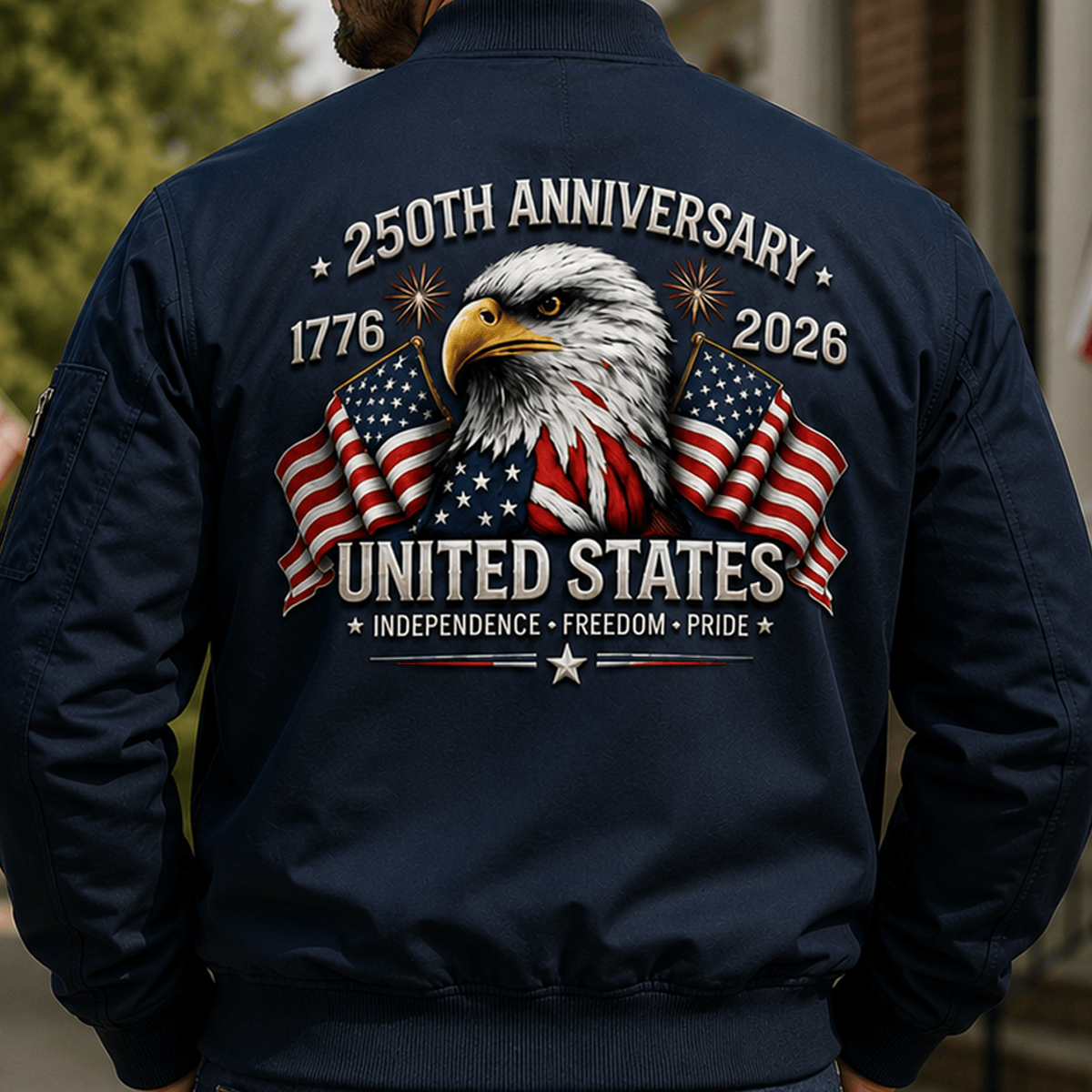 250th Anniversary United States Independence Freedom Pride Printed Bomber Jacket Patriotic Eagle USA Flag Father’s Day Gift