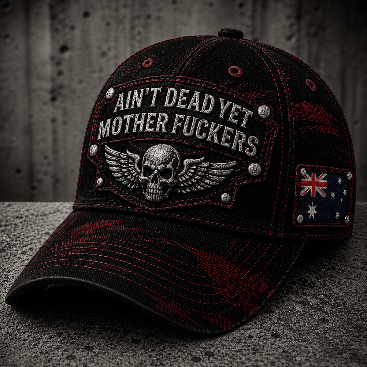 Ain’t Dead Yet Mother Fuckers Printed Cap Skull Wings Biker Hat Australia Flag Gift for Dad Grandpa Father’s Day Motorcycle Rider