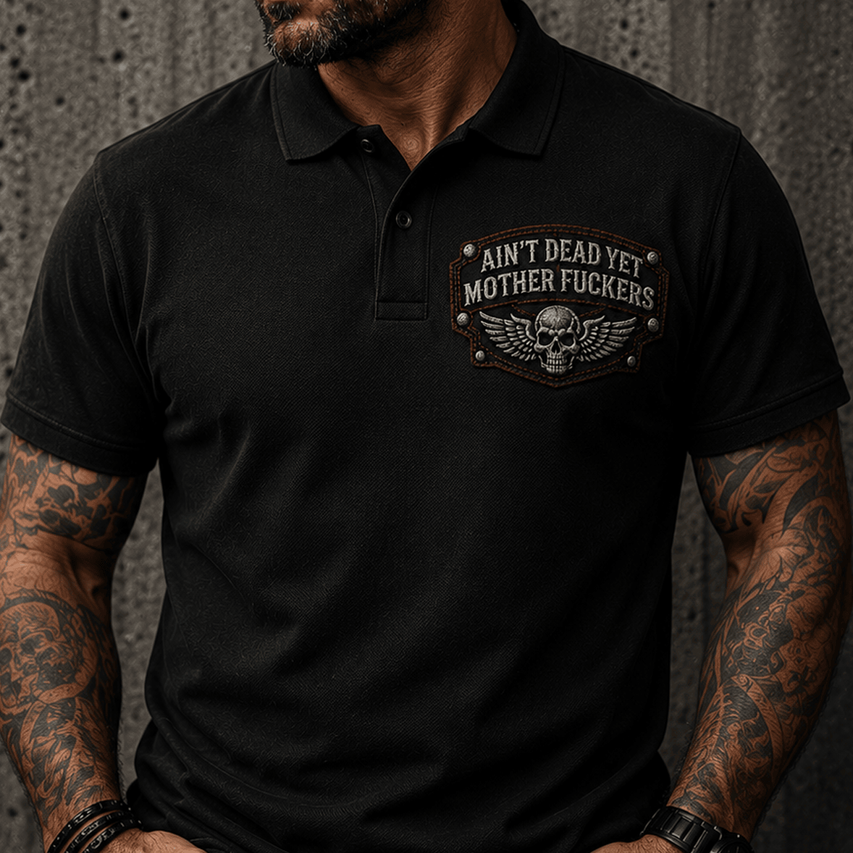 Ain’t Dead Yet Mother Fuckers Printed Polo Shirt Skull Wings Biker Gift for Dad Grandpa Father’s Day Motorcycle Enthusiast