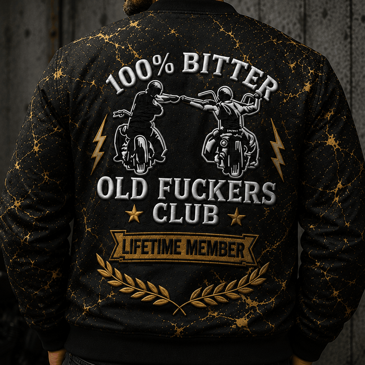 Bitter Old Fuckers Club Lifetime Member Printed Bomber Jacket Motorcycle Enthusiast Gift for Dad Grandpa Father’s Day Biker