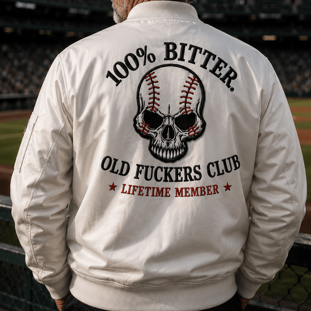 Bitter Old Fuckers Club Lifetime Member Printed Bomber Jacket Skull Baseball Fan Gift for Dad Grandpa Father’s Day Outerwear