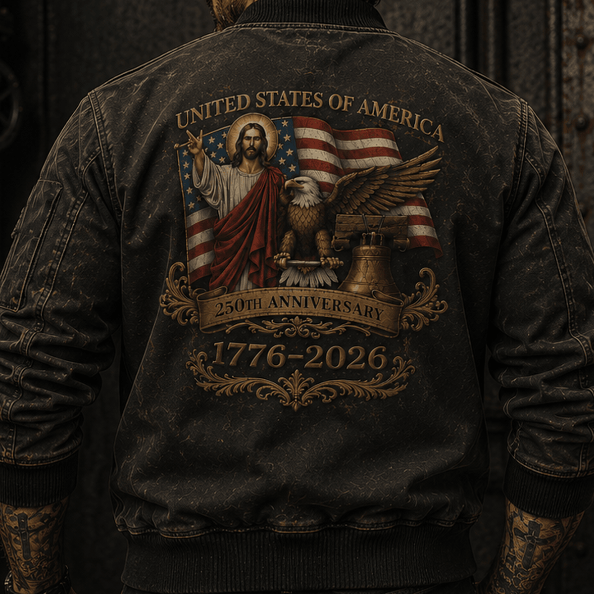 United States Of America 250th Anniversary 1776-2026 Printed Bomber Jacket Christian Patriotic Eagle USA Flag Father's Day Gift Dad Grandpa