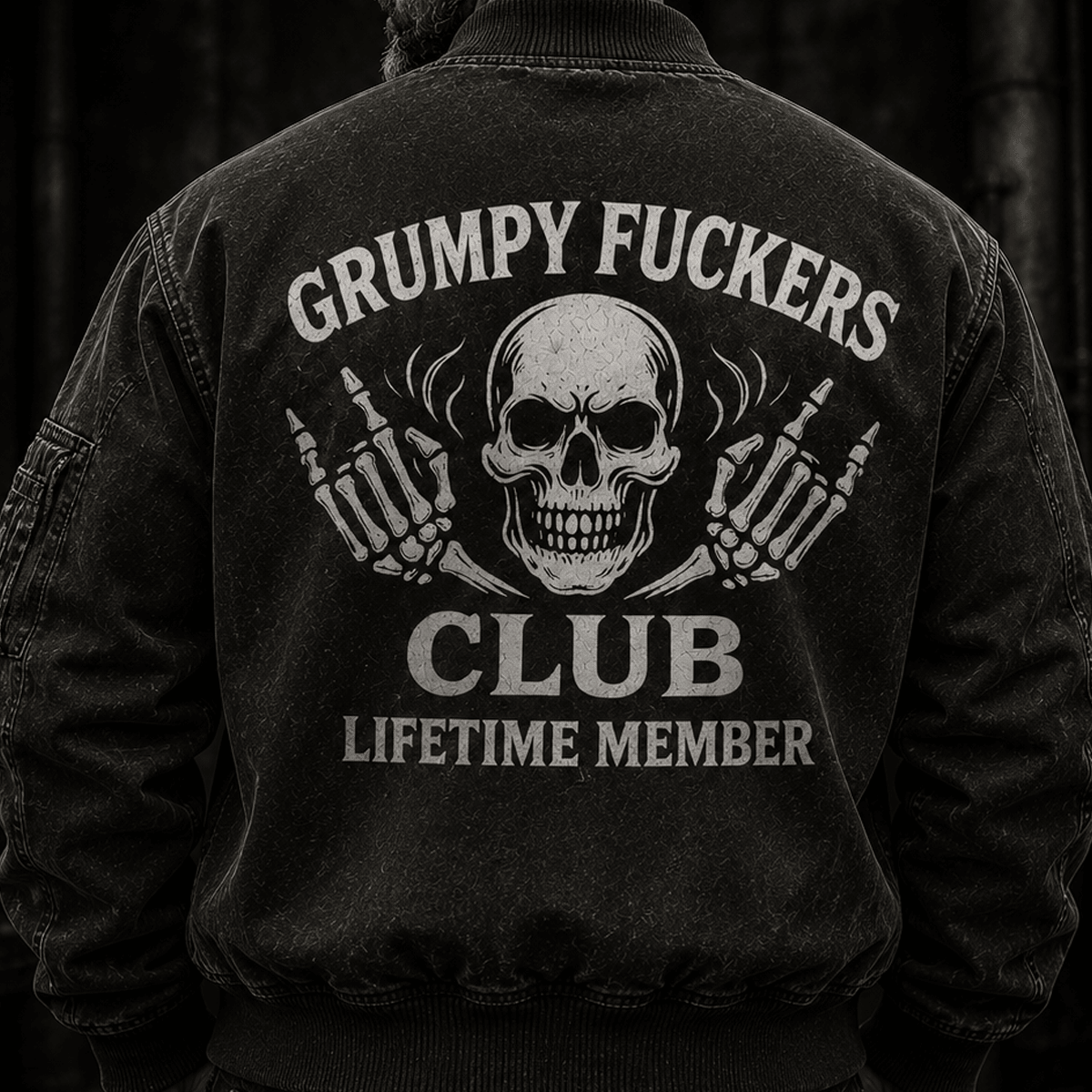 Grumpy Fuckers Club Lifetime Member Printed Bomber Jacket Funny Skull Father's Day Gift for Dad Grandpa Retired Men