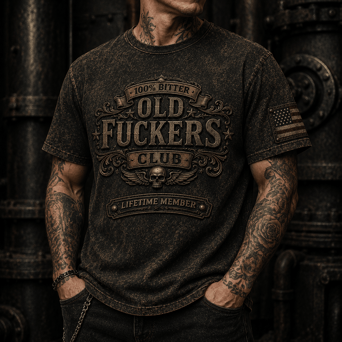 Bitter Old Fuckers Club Lifetime Member Printed T-Shirt Patriotic Skull Graphic Father's Day Gift for Dad Grandpa Veteran Men