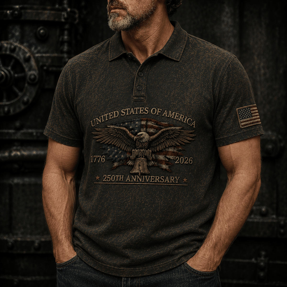 United States Of America 1776-2026 250th Anniversary Printed Polo Shirt Patriotic Eagle USA Flag Veteran Father's Day Gift for Dad