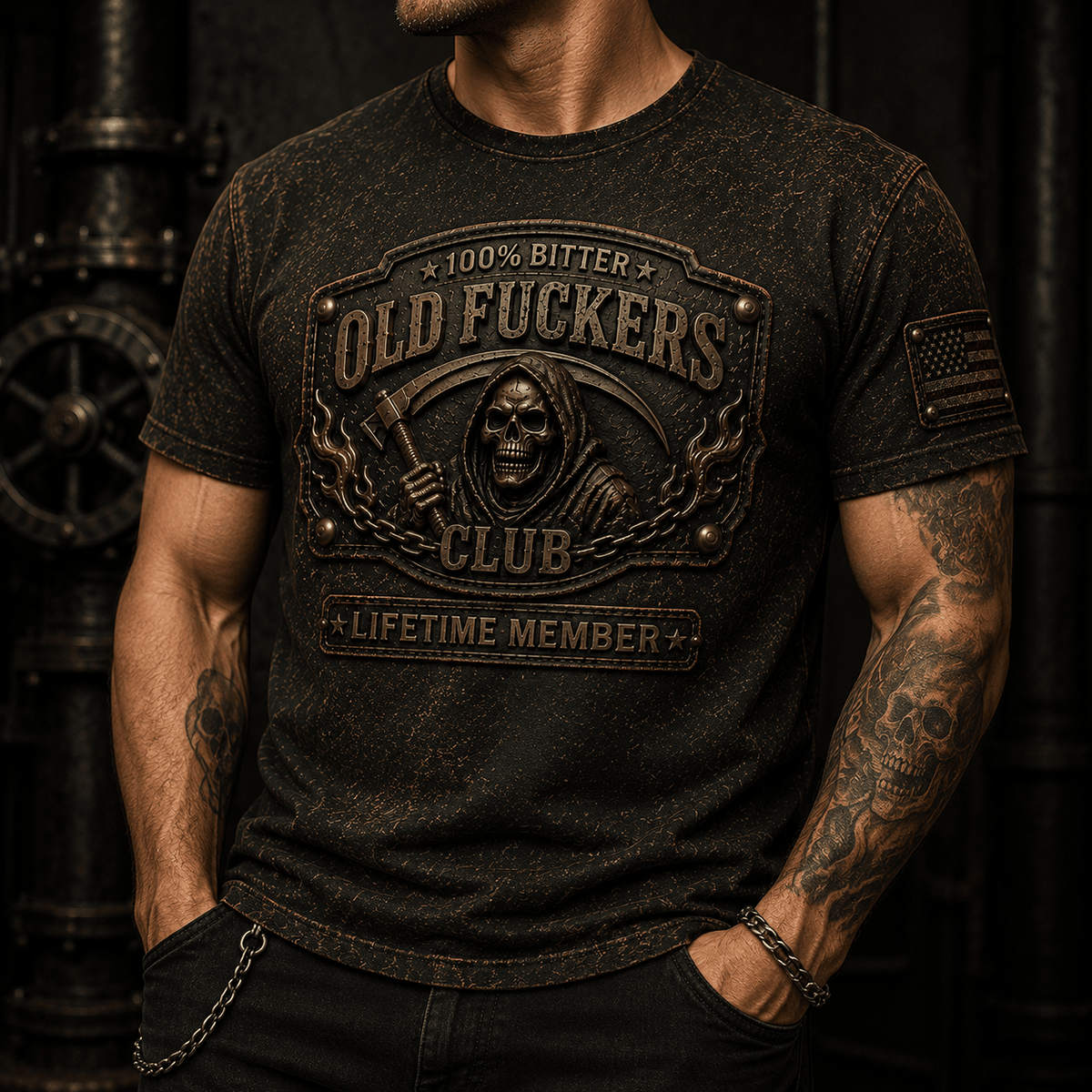 Bitter Old Fuckers Club Lifetime Member Printed T-Shirt Funny Skull Biker Shirt for Men Dad Grandpa Father's Day Gift